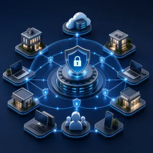 Protected business network with monitored endpoints and cloud infrastructure.