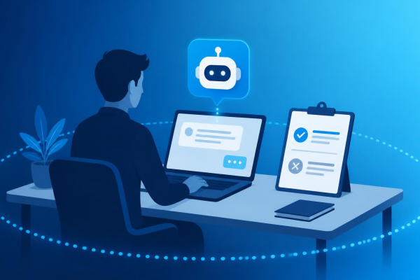 Employee reviewing an AI use policy checklist at their desk, representing AI rules for staff
