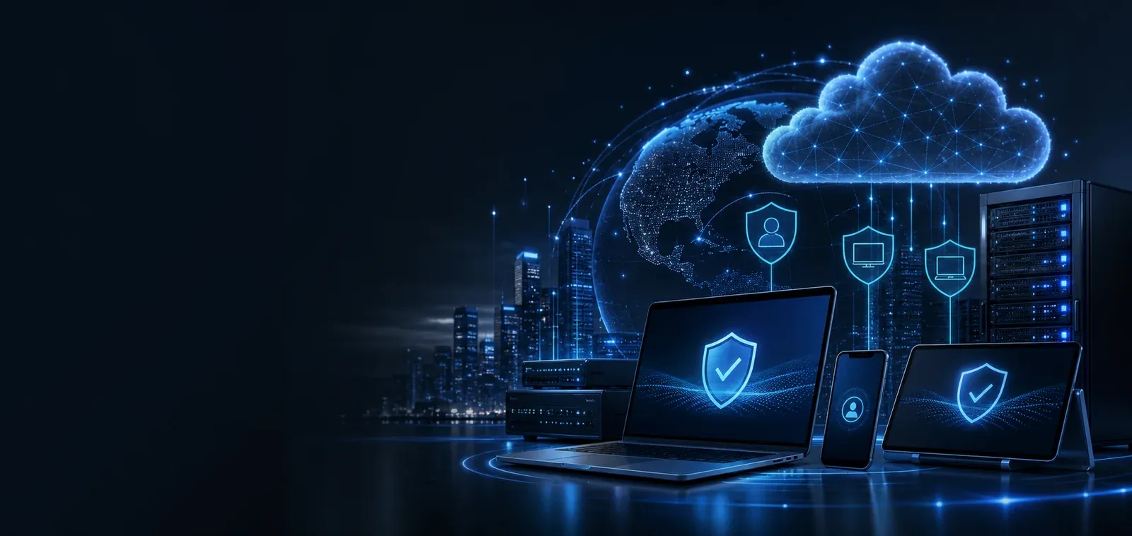 Secure managed business technology environment with cloud infrastructure and protected endpoints.