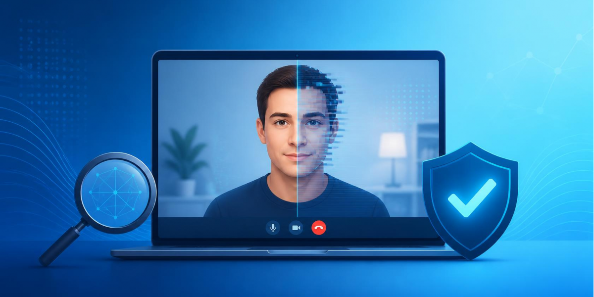 Video call face showing subtle deepfake distortion, representing how to spot deepfakes targeting a business