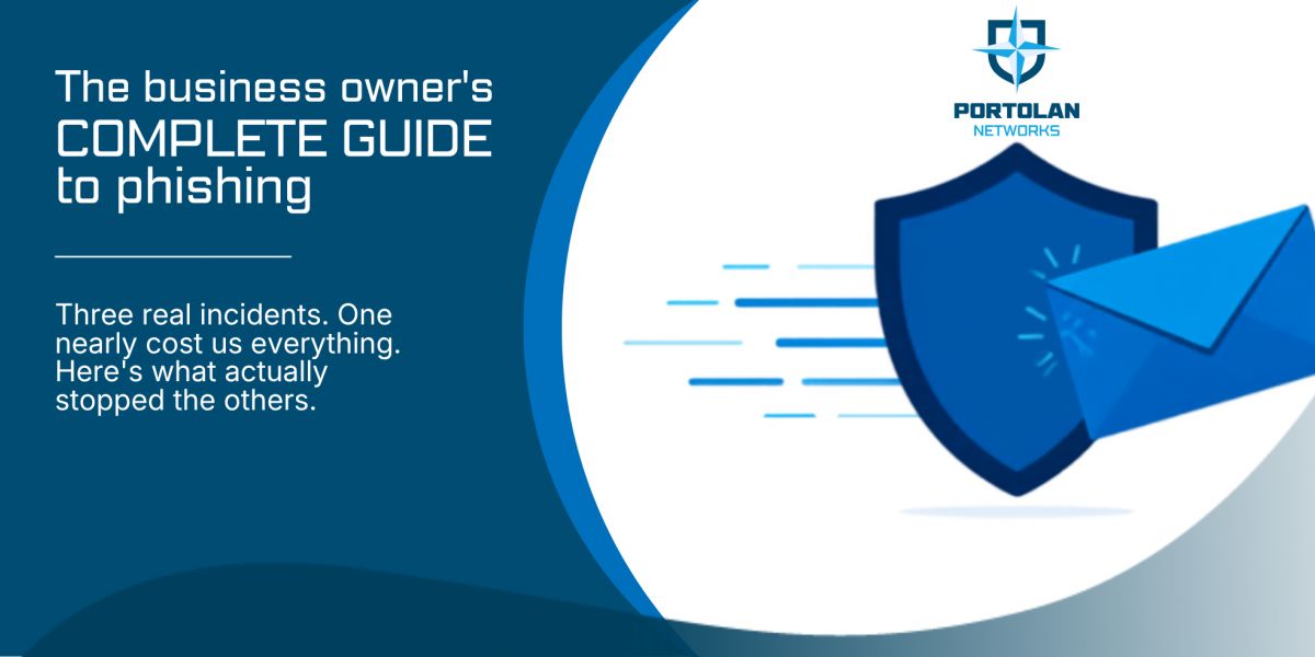 Shield blocking a phishing email, illustrating Portolan Networks' guide to protecting small businesses from phishing attacks