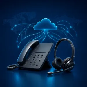 Business VoIP desk phone and headset connected to a cloud communications network.