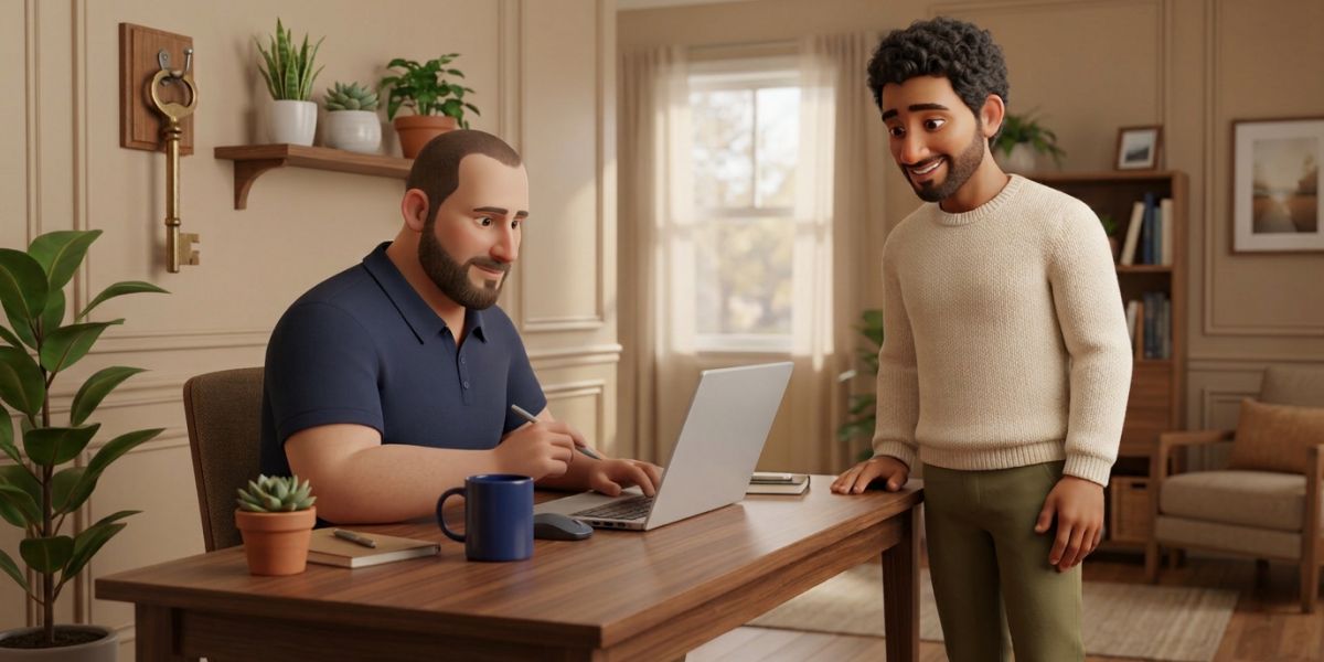 IT technician reviewing a software install request while an employee waits