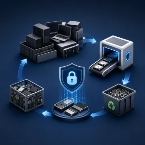 Retired computers and storage devices moving through secure data erasure and electronics recycling.