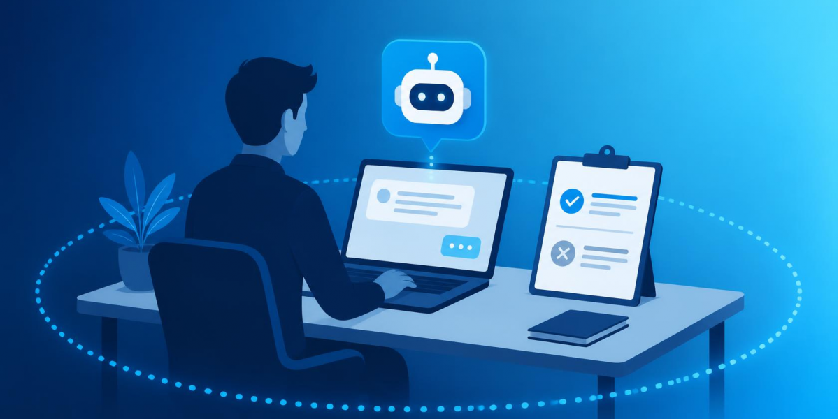 Employee reviewing an AI use policy checklist at their desk, representing AI rules for staff