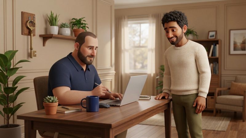 IT technician reviewing a software install request while an employee waits